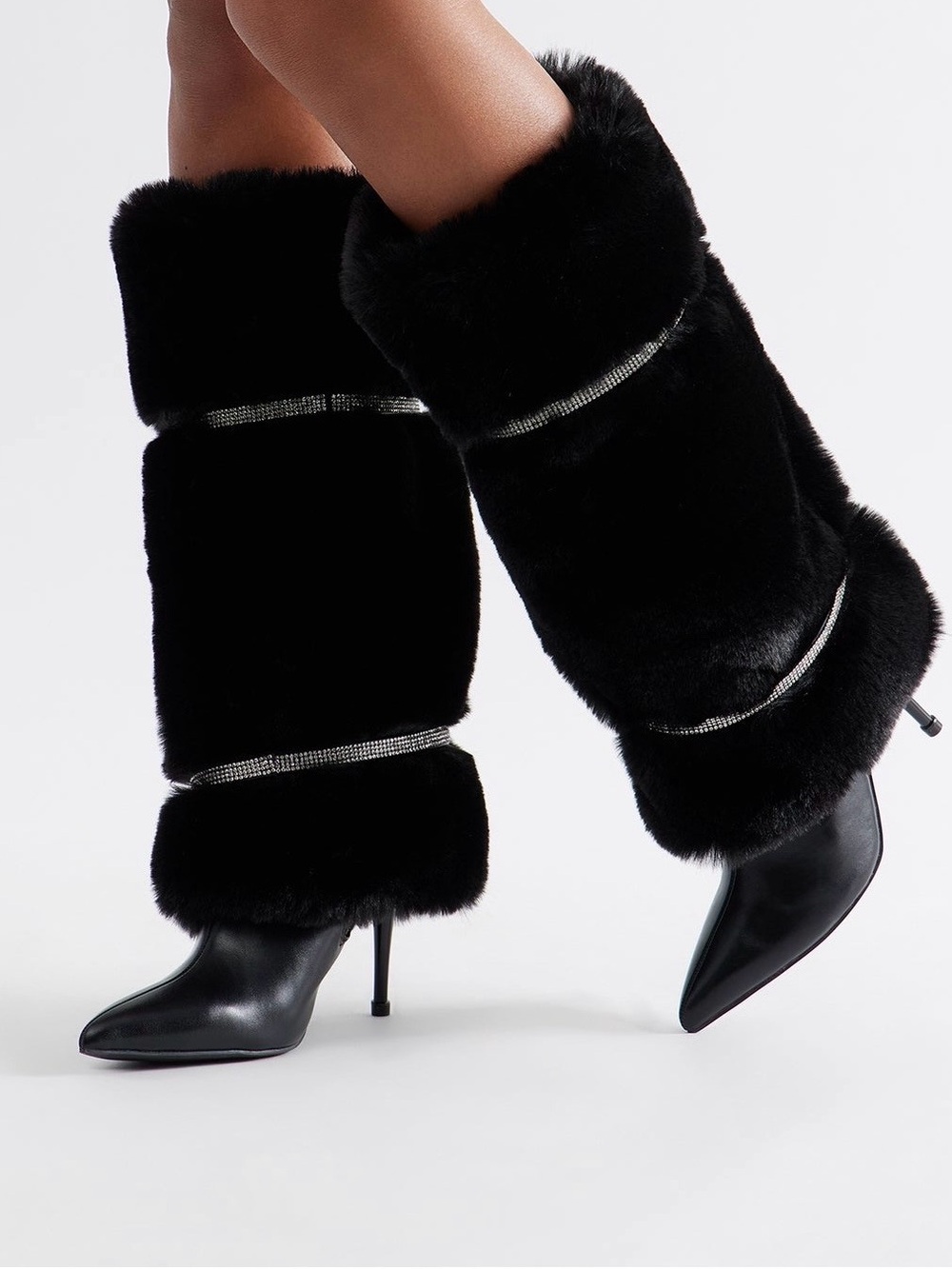 Black Faux Fur Crystal-Trim Boot Cuffs - Women Shoes Heeled Boots